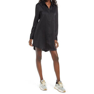 WAYF Women's Hiedi Long Sleeve Shift Shirtdress In Black Satin Size M